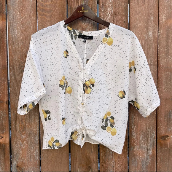 JASMINE & JULIANA Women’s Lemon Polka Dot Short Sleeve V neck Blouse Size Medium - Picture 3 of 11